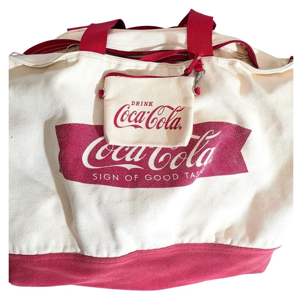 Coca-Cola Canvas Tote Bag‎ Unisex Large Cream Red Retro Graphic Pouch